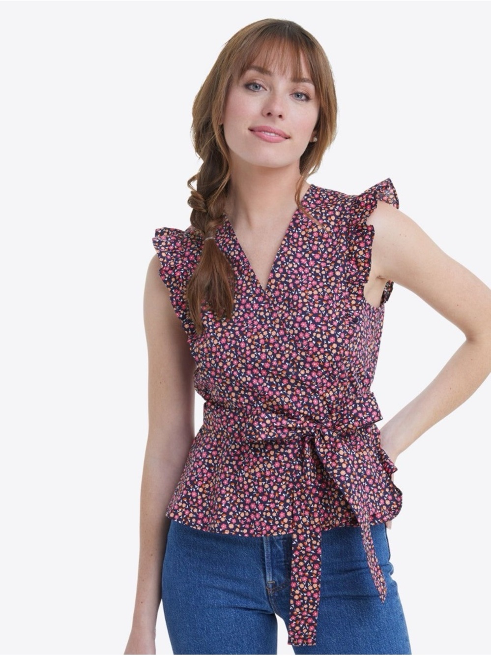 Draper James cotton Sheryl Wrap top Pink Floral Tie-Waist Ruffle peplum blouse